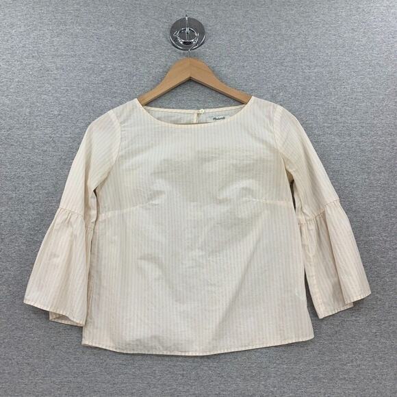 Madewell Blouse Womens XXS Light Pink Striped 3/4 Bell Sleeve Poplin Shirt Top - Picture 7 of 9